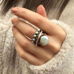 Pearl Solitaire Five Stone Silver Ring, Handmade Ring size 7